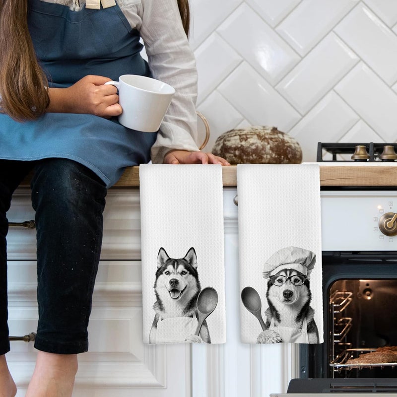 Mcehtle Funny Siberian Husky Kitchen Towels Set of 2, Dog Kitchen Accessories, Dog Chef Gift Hand Towel, Gifts for Dogs Mom Lovers Women, Dining Room Decorative Tea Towel Dish Towels 16x24 Inch - Image 3
